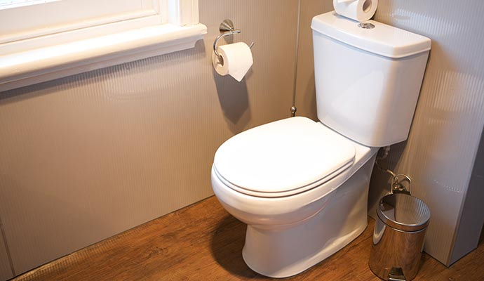 Residential bathroom toilet and surrounding wall paneling.