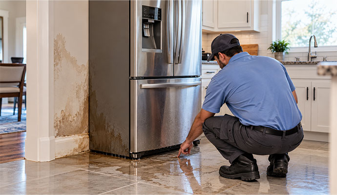 Technician inspecting an appliance water leak under a refrigerator.