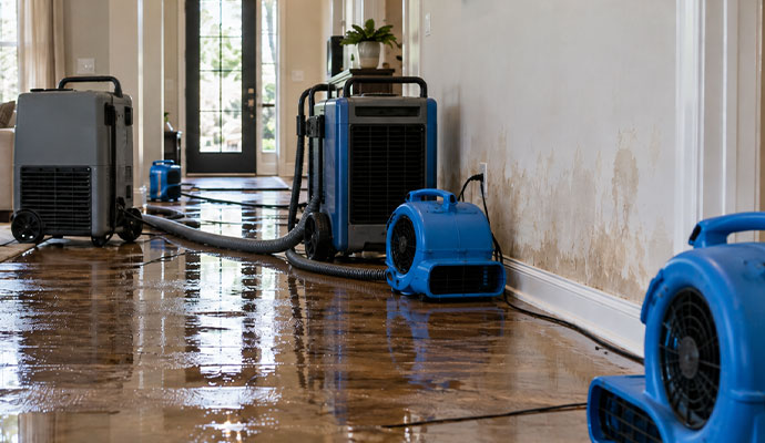 Water damage drying equipment removing standing water from floor.