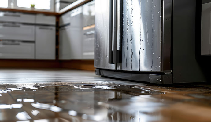 Water leaking from a refrigerator onto a kitchen floor.