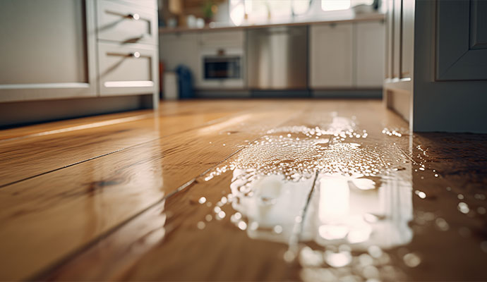 Water spill on kitchen hardwood floor caused by plumbing leak