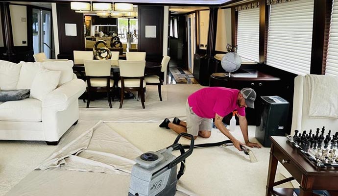 A professional person is cleaning interior of a yacht